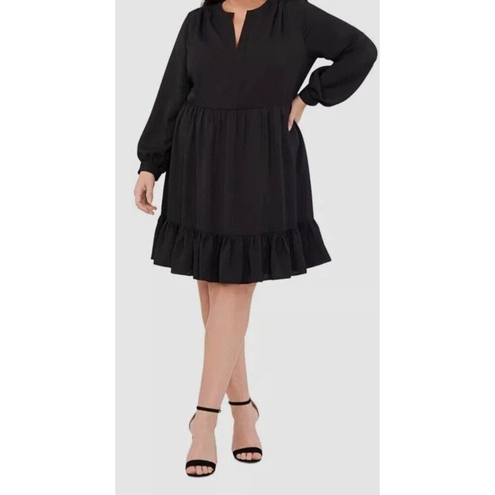 Vince Camuto Womens L Black Ruffled Fit & Flare Dress V-Neck Long Sleeve NWT